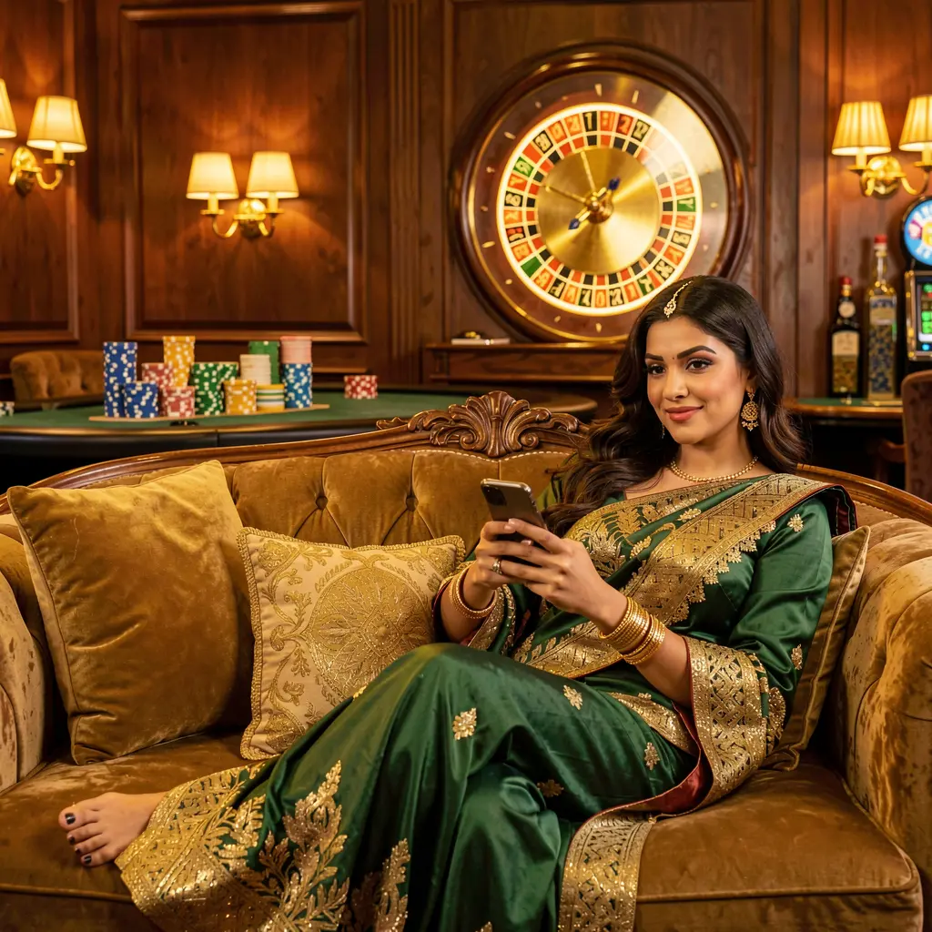 Confident Bangladeshi player using the 77KK casino app while sitting in a luxury gaming lounge with a glowing roulette wheel behind her