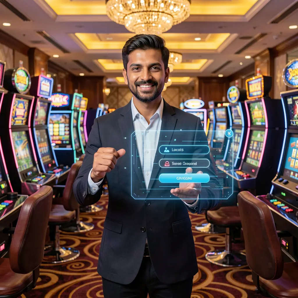 Confident Bangladeshi casino dealer pointing toward a floating holographic login button in a vibrant 77KK casino atmosphere